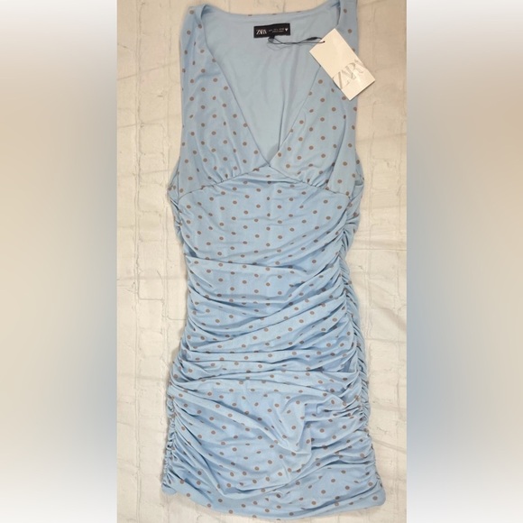 ZARA Blue Polka Dot Mini Dress Ruched V Neck Women’s Size Large NEW - Picture 2 of 14